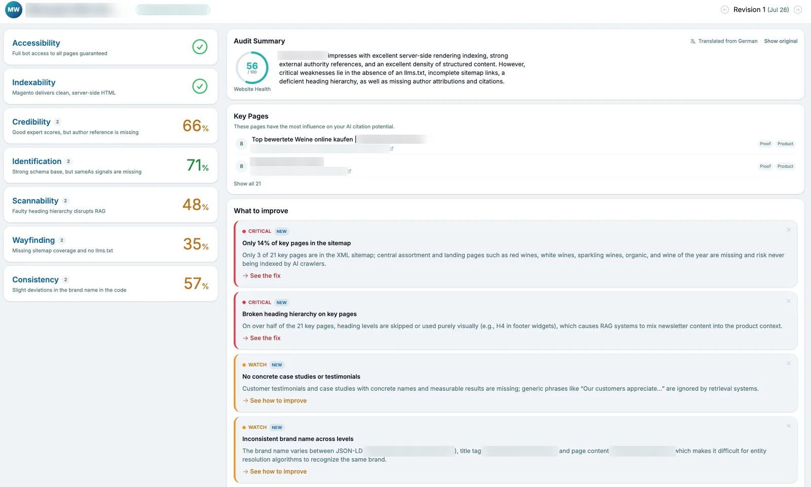 Aeloria Website Health audit scoring accessibility, indexability, credibility, identification, scannability, wayfinding and consistency, with critical findings such as missing sitemap coverage and broken heading hierarchy