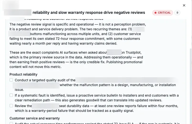 An Aeloria critical recommendation for a bathroom fittings brand: product reliability, customer service and review recovery actions as a checklist, each backed by quoted insight evidence, with a one-click 'Make this a task' button